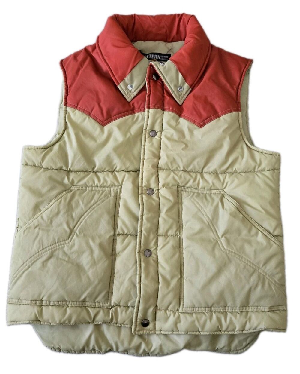 Vtg 70s Sears Western Outdoor Wear Puffer Vest Beige Orange USA Gorpcore Sz L